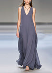 Elegant grey FJØRNA sleeveless chiffon long dress with extra-large hem and draping design, perfect for formal occasions.