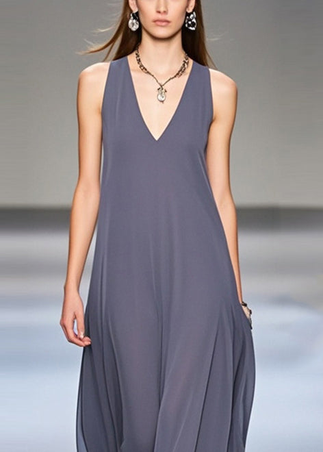 Elegant grey FJØRNA sleeveless chiffon long dress with an extra-large hem draping, perfect for formal occasions.