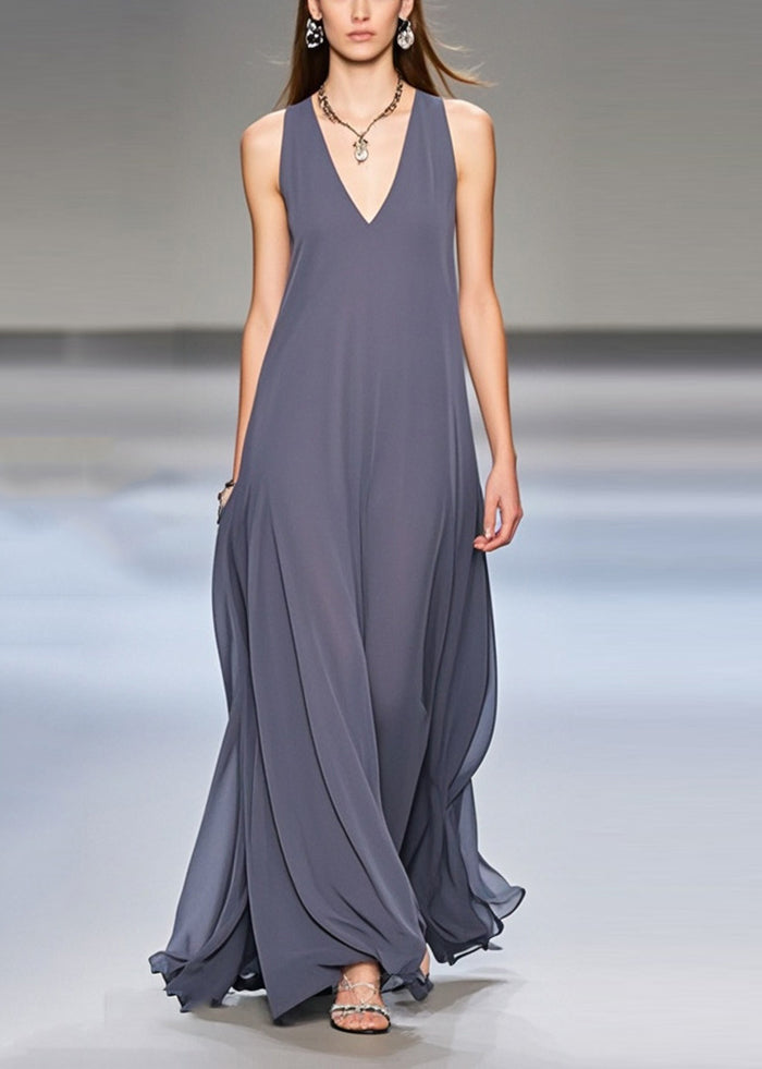 Elegant grey FJØRNA sleeveless chiffon long dress with extra large hem draping, perfect for formal occasions.