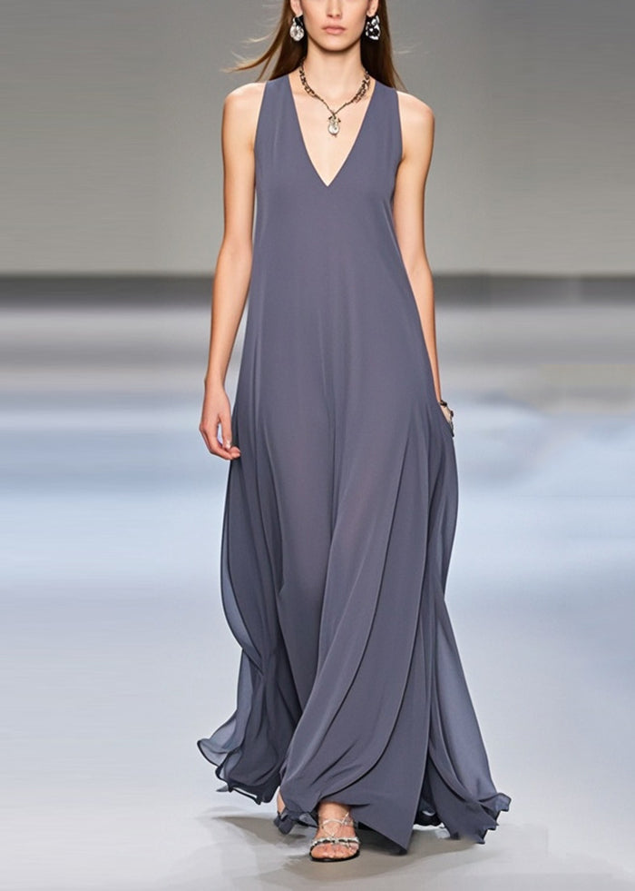 Elegant grey FJØRNA sleeveless chiffon long dress with extra-large hem draping, perfect for formal occasions.