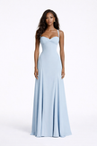 Light blue FJØRNA maxi dress with corset back, soft drape, spaghetti straps, elegant style for women.