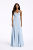 Light blue FJØRNA maxi dress with corset back, soft drape, spaghetti straps, elegant style for women.