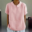 Light beige linen summer blouse for women with puff sleeves, stylish and airy top by FJØRNA, shown on a model.
