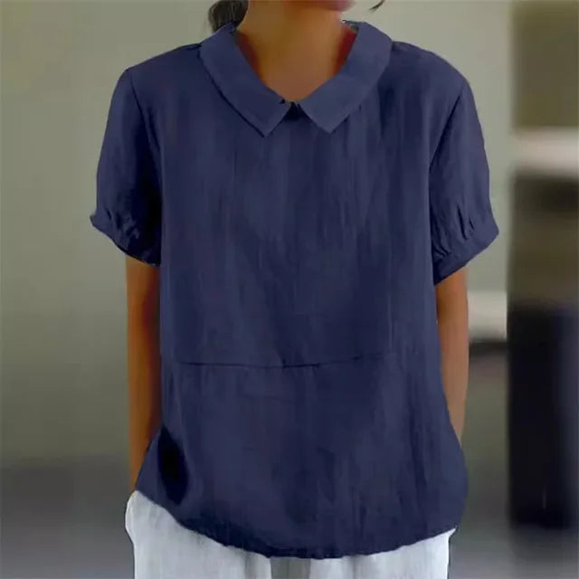 FJØRNA summer women's puff sleeve linen blouse, lightweight tops with feminine design, shown on a model with a neutral background.