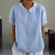 Light beige puff sleeve linen summer blouse for women by FJØRNA, featuring a breezy, casual design perfect for warm weather.