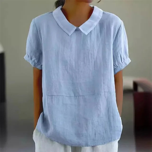 Light beige puff sleeve linen summer blouse for women by FJØRNA, featuring a breezy, casual design perfect for warm weather.