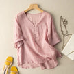 FJØRNA women's summer linen blouse with V-neck, casual style, featuring a lightweight, breathable fabric and relaxed fit.