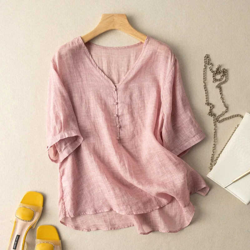 FJØRNA women's summer linen blouse with V-neck, casual style, featuring a lightweight, breathable fabric and relaxed fit.