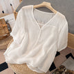 FJØRNA women's summer V-neck linen blouse with casual fit, featuring lightweight breathable fabric and relaxed style.