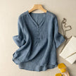 FJØRNA women's summer V-neck linen blouse with a casual, breathable cotton-linen fabric, shown on a model.