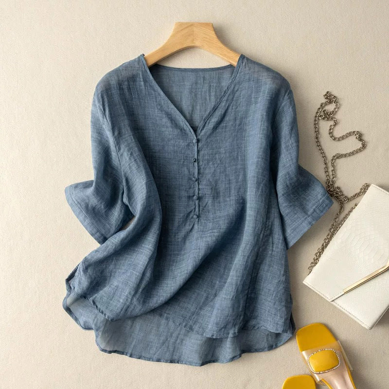 FJØRNA women's summer V-neck linen blouse with a casual, breathable cotton-linen fabric, shown on a model.