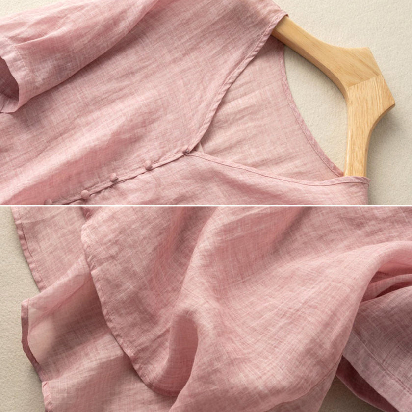 FJØRNA women's V-neck linen summer blouse with casual fit, featuring lightweight cotton and linen fabric in a relaxed style.