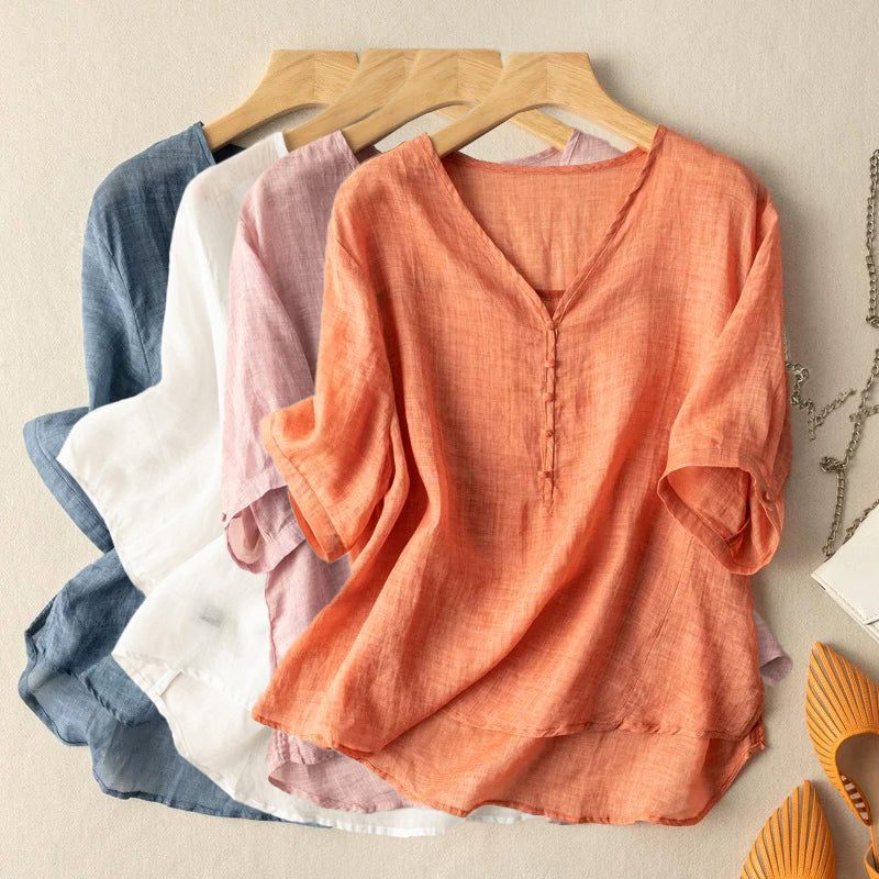 Light beige linen summer blouse for women with V-neck, casual style from FJØRNA, featuring a relaxed fit and breathable fabric.
