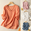 FJØRNA women's V-neck linen summer blouse with casual fit, featuring lightweight breathable fabric and relaxed style.