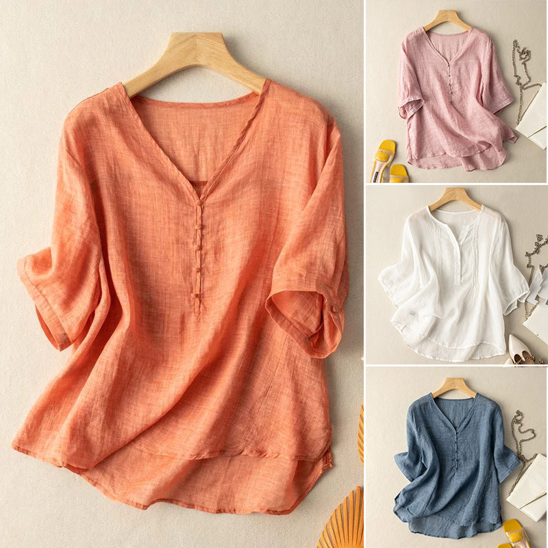 FJØRNA women's V-neck linen summer blouse with casual fit, featuring lightweight breathable fabric and relaxed style.