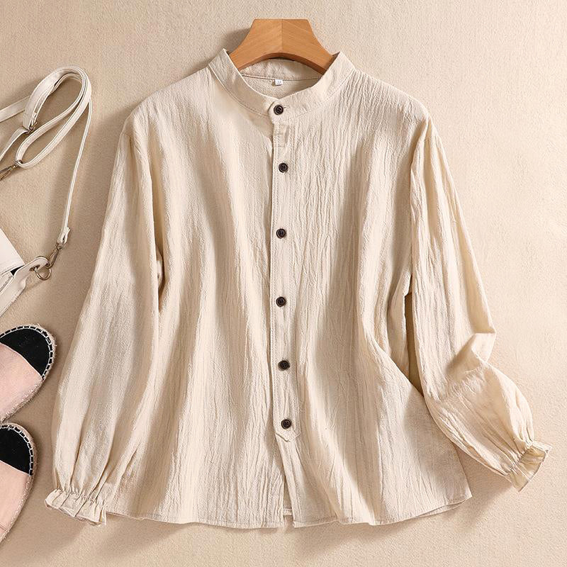 FJØRNA women's summer linen blouse with button front, casual style, lightweight fabric, and relaxed fit for warm weather.