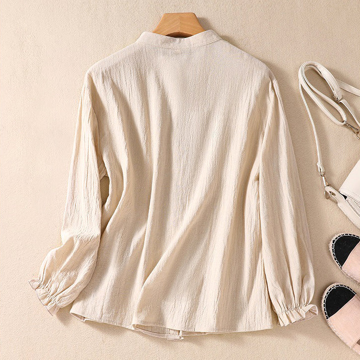 FJØRNA summer linen blouse for women with button front, casual style, lightweight and breathable top perfect for warm weather.