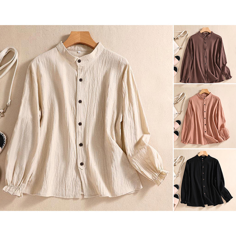 FJØRNA women's linen summer blouse with button front, casual style, light fabric, worn by a model in a relaxed setting.