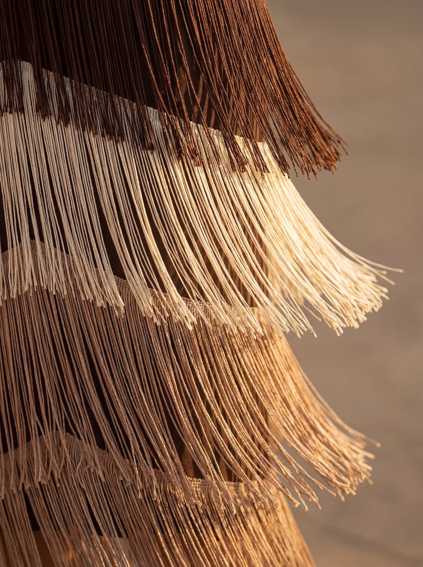 Close-up of FJØRNA elegant women's V-neck dress with fringe detail, showcasing the textured fabric and stylish neckline.