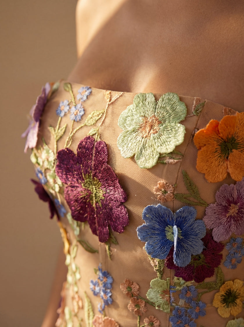 Close-up of FJØRNA elegant floral strapless midi dress for women, showcasing delicate fabric and intricate floral details.