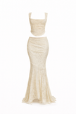 FJØRNA champagne ruched crop top and mermaid skirt set for women, square neck, elegant dress ensemble, stylish and fitted.
