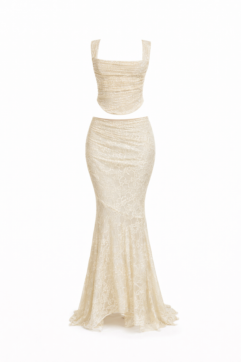 FJØRNA champagne ruched crop top and mermaid skirt set for women, square neck, elegant dress ensemble, stylish and fitted.