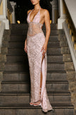 Pink Amina Maxi Dress by FJØRNA featuring flowing fabric and elegant design, perfect for casual or formal occasions.
