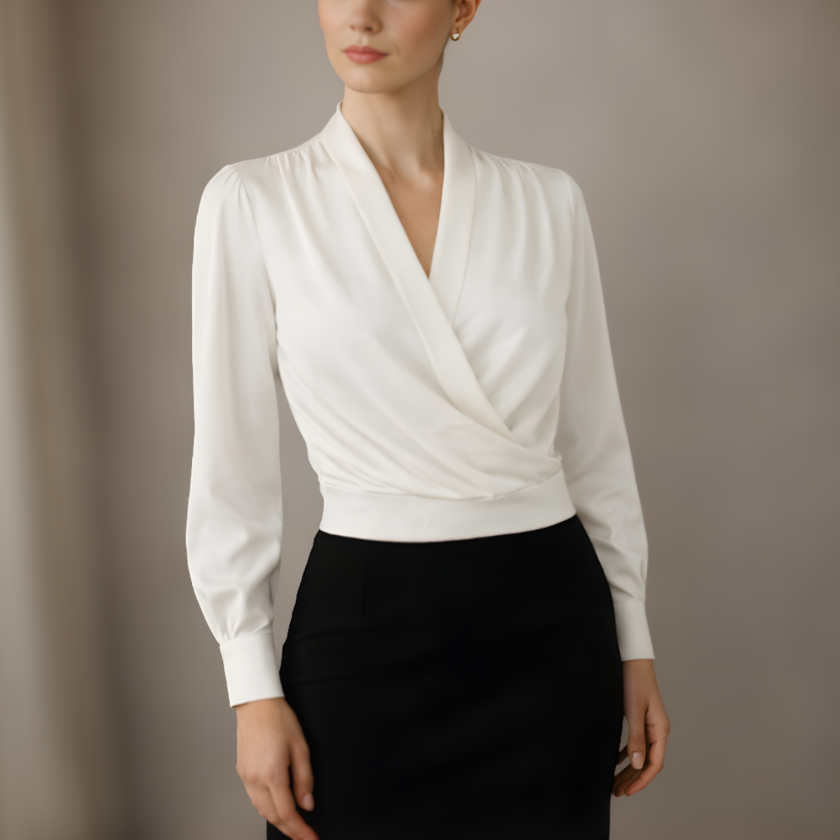 FJØRNA satin long sleeve men's top, stylish and smooth fabric, front view showing fitted design and elegant details