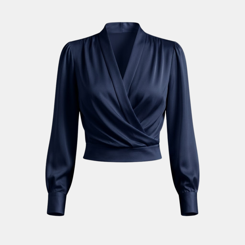 FJØRNA satin long sleeve top for women, front view showing smooth, shiny fabric and relaxed fit.