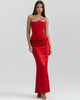 FJØRNA women's strapless corset maxi dress with ruched detail, elegant full-length evening dress, black fabric, stylish and fitted.