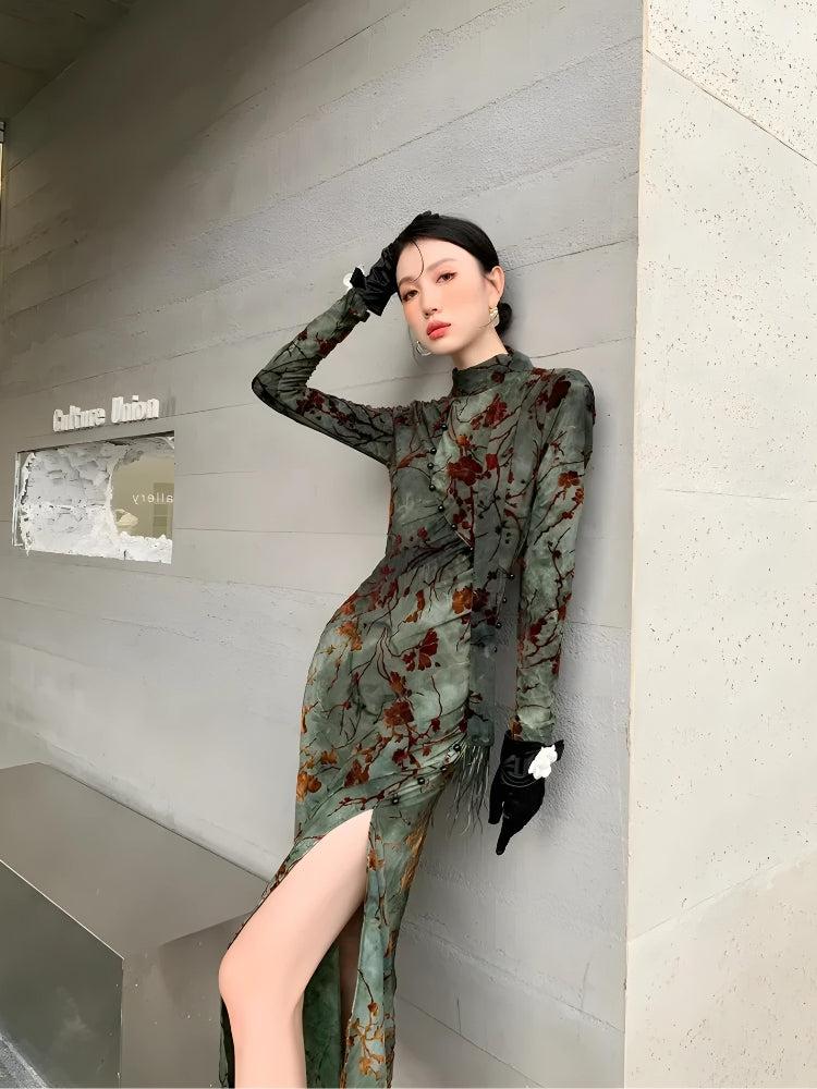 White Fairycore floral slit Qipao mini dress by FJØRNA, featuring delicate floral patterns and a stylish slit design.