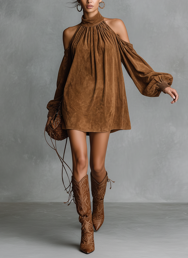 FJØRNA faux suede halter neck mini dress for women, featuring a stylish sleeveless design and fitted silhouette.
