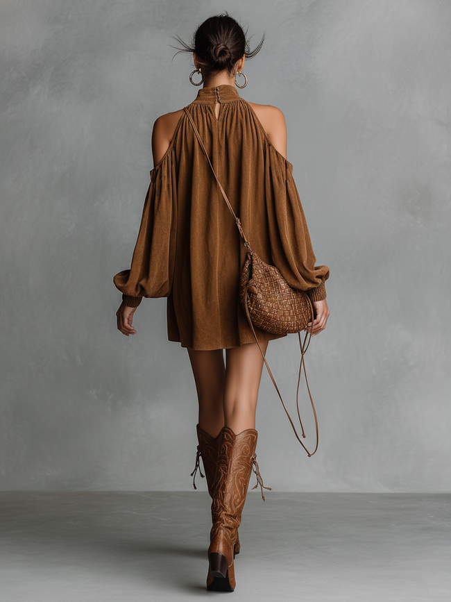 FJØRNA faux suede halter neck mini dress for women, showcasing a stylish silhouette with a halter neckline and mini length.