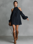 Faux Suede Halter Neck Mini Dress For Women