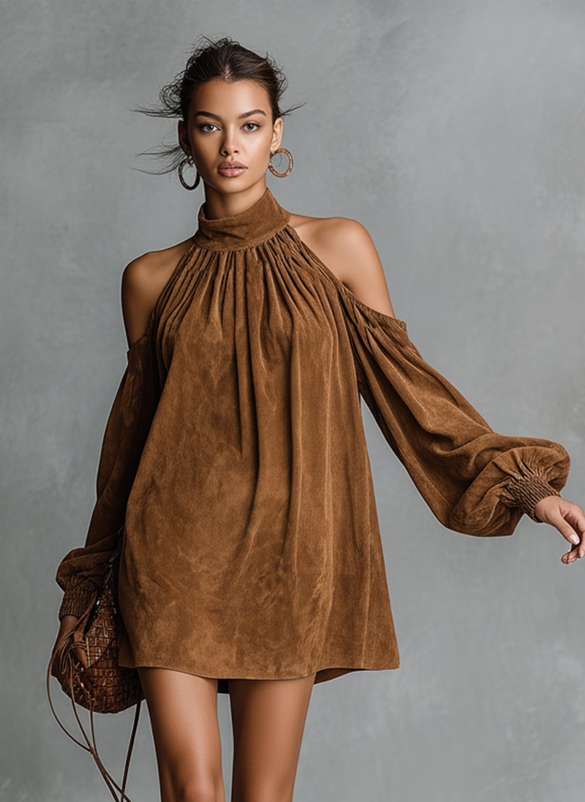 Faux Suede Halter Neck Mini Dress For Women