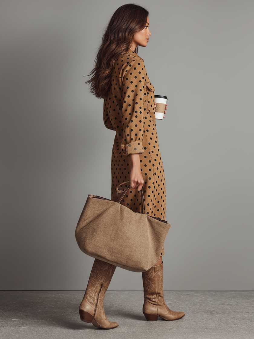 FJØRNA faux suede midi dress for women featuring a relaxed fit and long sleeves, stylish and comfortable for everyday wear.