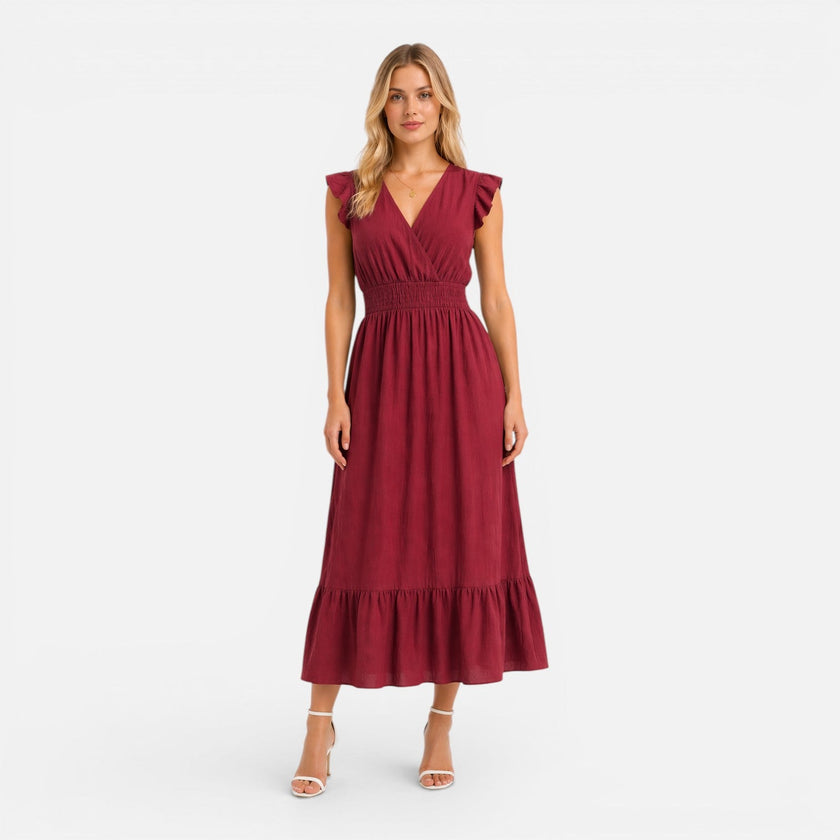 FJØRNA women's cotton wrap midi dress, elegant and comfortable summer dress with a flattering fit and stylish design.
