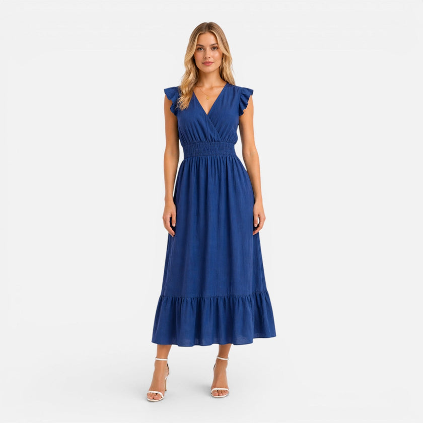 Women's FJØRNA cotton wrap midi dress, elegant summer dress with a comfortable fit and stylish design.