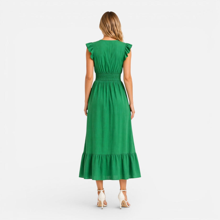 Women's FJØRNA cotton wrap midi dress featuring an elegant, comfortable summer design with a flattering fit.