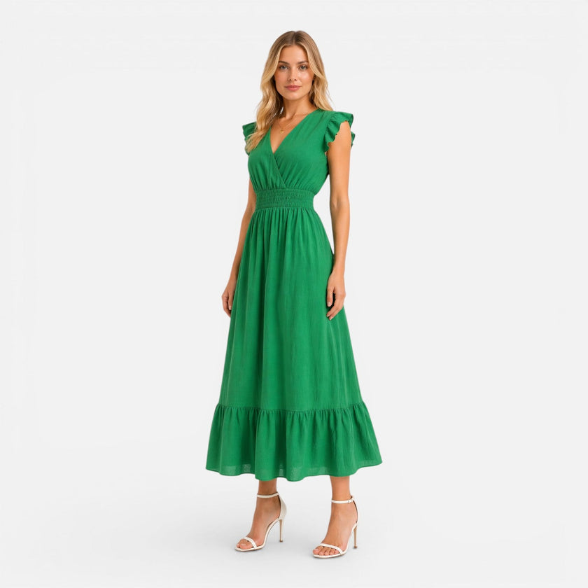 FJØRNA women's cotton wrap midi dress featuring an elegant, comfortable design, perfect for summer wear.