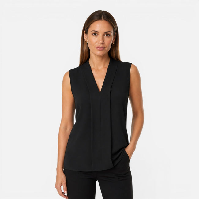 Women's sleeveless blouse by FJØRNA featuring a draped V-neck design and a timeless fit, perfect for elegant casual wear.