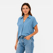 Women's lightweight V-neck short sleeve blouse by FJØRNA, relaxed fit, soft fabric, casual women's shirt with a stylish V-neck design.