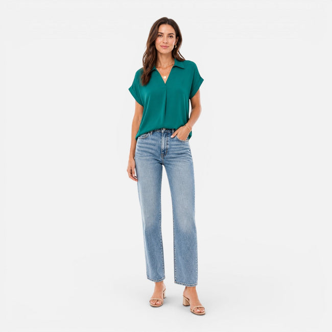 Women's lightweight V-neck short sleeve blouse by FJØRNA, relaxed fit top with soft fabric and casual style.