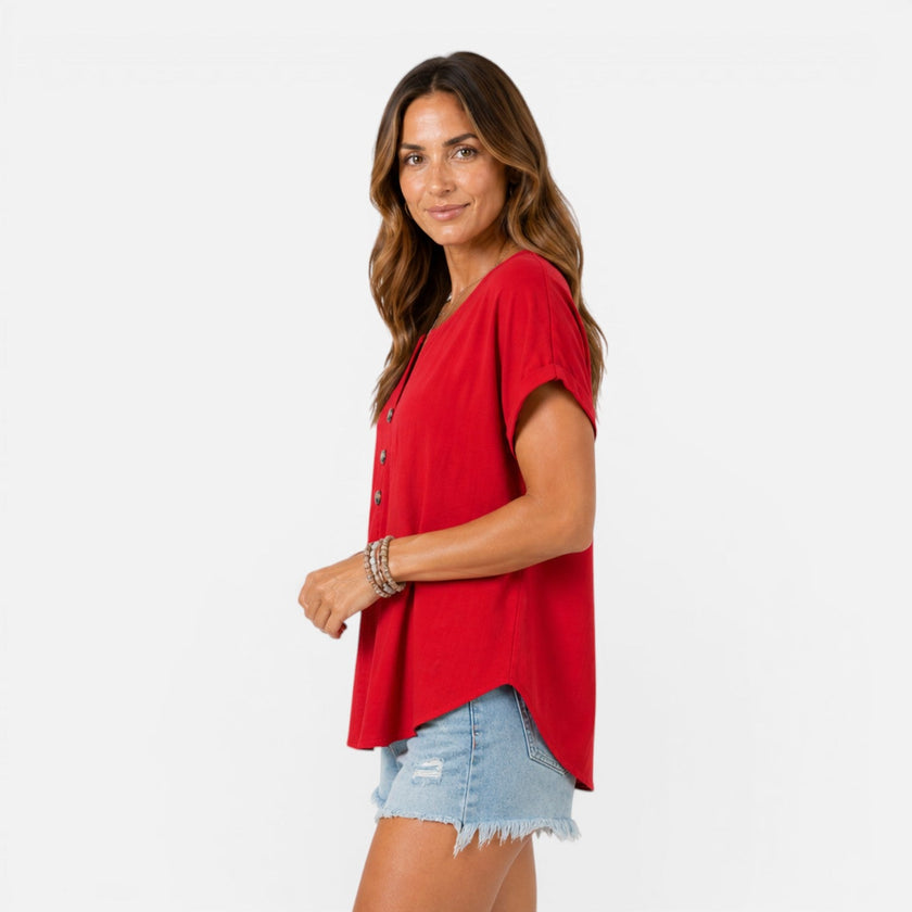 Women's lightweight V-neck buttoned T-shirt by FJØRNA, relaxed fit summer top with short sleeves and casual style.