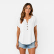Women's lightweight V-neck T-shirt with buttons from FJØRNA, relaxed fit summer top, casual women's shirt ideal for warm weather.