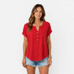 Women's lightweight V-neck T-shirt with button details, relaxed fit summer top by FJØRNA, shown in natural fabric and casual style.