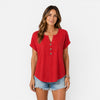 Women's lightweight V-neck T-shirt with button details, relaxed fit summer top by FJØRNA, shown in natural fabric and casual style.