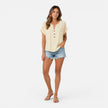 Women's lightweight V-neck T-shirt by FJØRNA featuring buttons and a relaxed fit, perfect for summer wear.