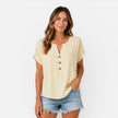 Women's lightweight V-neck buttoned T-shirt by FJØRNA, relaxed fit summer top with short sleeves and casual style.