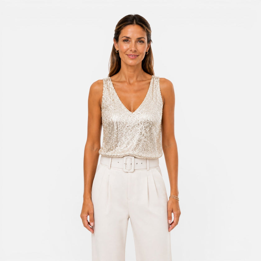 Women's sequin V-neck top by FJØRNA, stylish evening wear shirt with shimmering sequins and a flattering V-neck design.